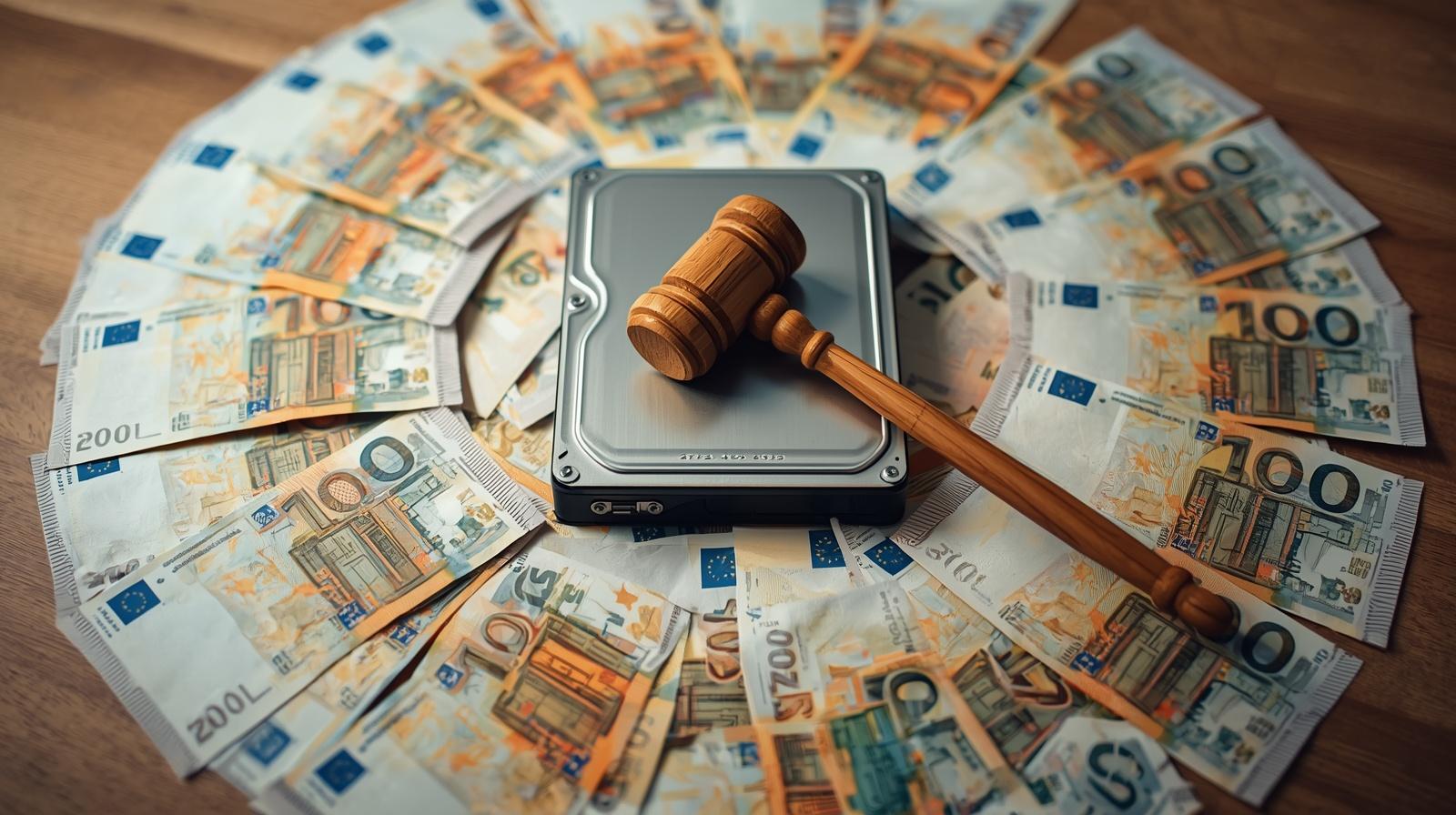 Gavel resting on a hard drive surrounded by scattered euro banknotes, suggesting legal or financial action related to data.