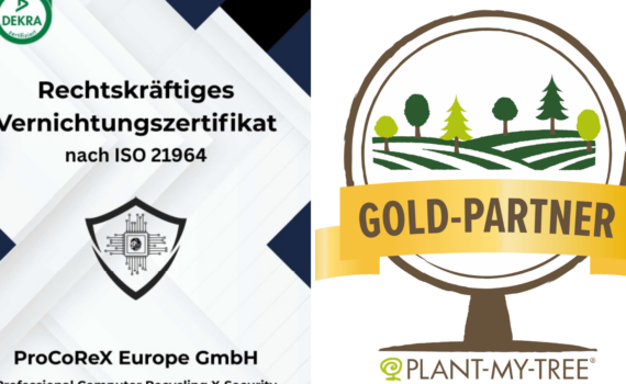 Split image: left side shows a DEKRA-certified destruction certificate with German text and a shield emblem; right side displays a Plant-My-Tree Gold-Partner logo featuring trees and a yellow ribbon.