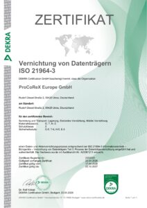 DEKRA-Zertifikat nach ISO 21964-3 für die Vernichtung von Datenträgern