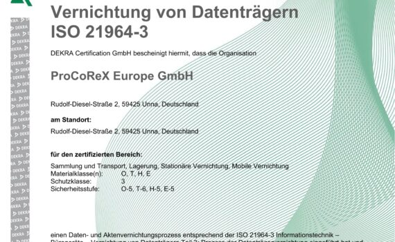 Zertifikat zur Vernichtung von Datenträgern ISO 21964-3, DEKRA Zertifizierung, Weltkarte im Hintergrund