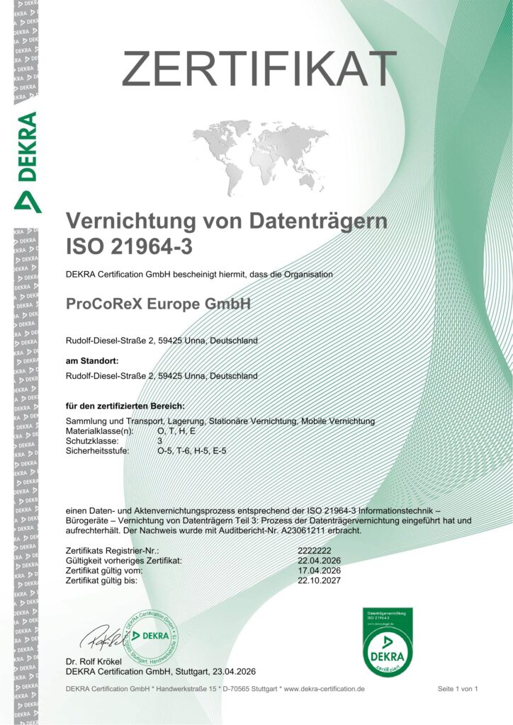 Zertifikat zur Vernichtung von Datenträgern ISO 21964-3, DEKRA Zertifizierung, Weltkarte im Hintergrund