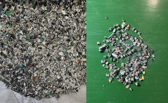 Split image: dense pile of shredded metal and plastic scraps on the left; loose metal fragments scattered on a green surface to the right.