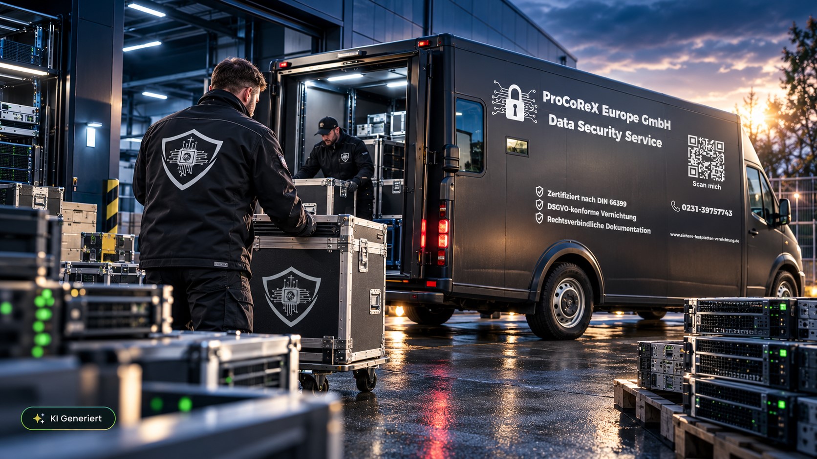 KI-generierte Darstellung zweier Mitarbeiter bei der gesicherten IT-Abholung an einem Rechenzentrum