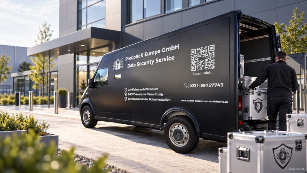 Sicherer Datentransport vor modernem Bürogebäude