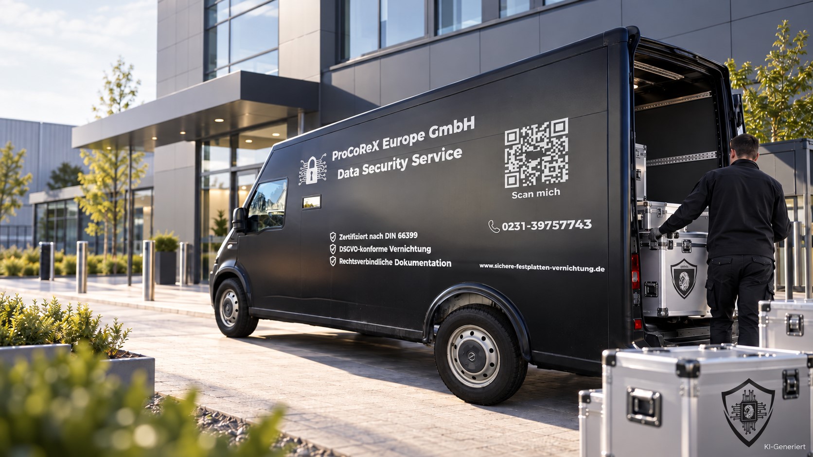 Sicherer Datentransport vor modernem Bürogebäude