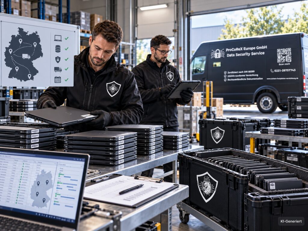 KI-Generiert: Laptop-Rollout und koordinierte Hardware-Übergabe im Logistikdepot